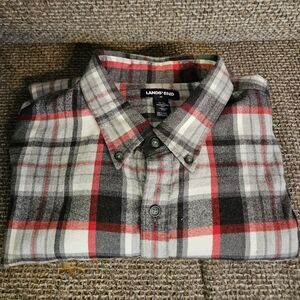 Lands' End Men's Casual Plaid Shirt - Red, Black, and White. Sz L